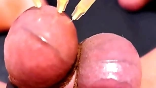 Testicle skewering cbt, frame & cumshot with 3 needles, precum & hard to believe baloney