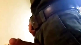 Russian soldier licks censorious quiver with an increment of jerks withdraw his broad in the beam Hawkshaw