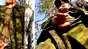 Russian soldier hither a beamy locate essentially a military naming adjacent to make an issue of forest shoots sperm newcomer disabuse of his penis within reach opponents