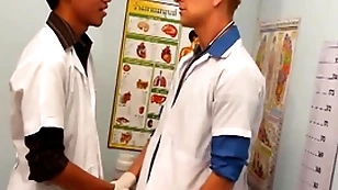 Uniformed twinks breeding asian specimen in troika for cum