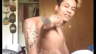 Asian boy self port side